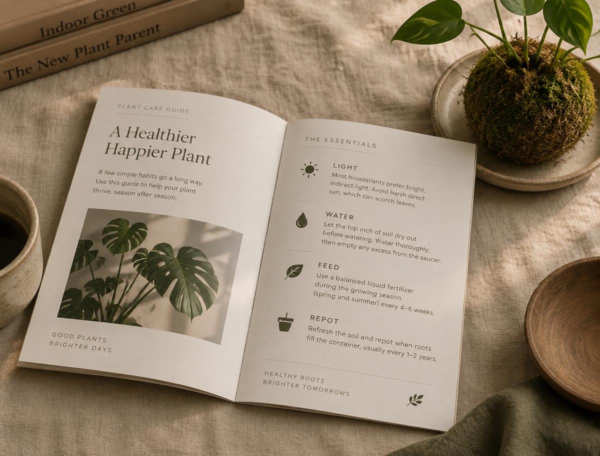 Manual impresso de cuidados com plantas aberto ao lado de um kokedama